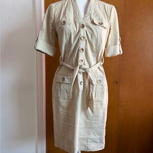 New York & Company Tan Safari Shirt Dress Belted Size Small